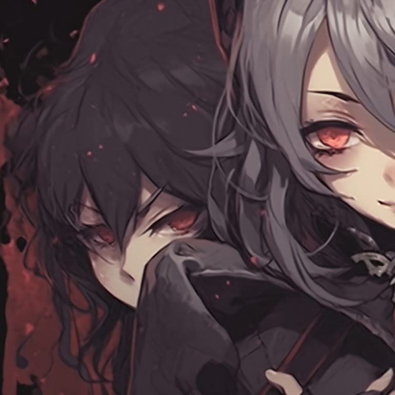 Three characters in gothic costumes, dark tones and intricate details, grouped tightly together. trio pfp for halloween pfp for discord.