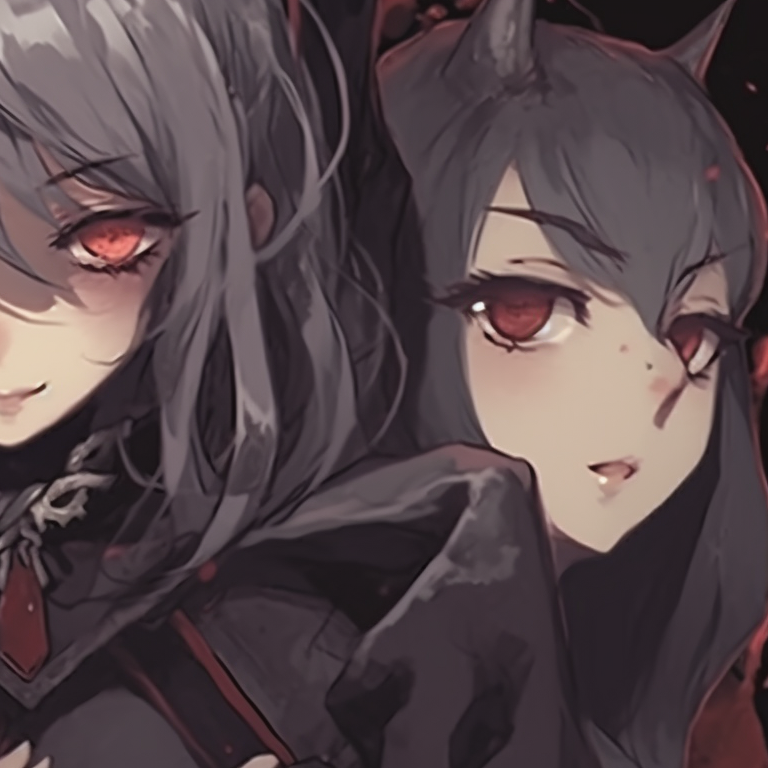 Three characters in gothic costumes, dark tones and intricate details, grouped tightly together. trio pfp for halloween pfp for discord.