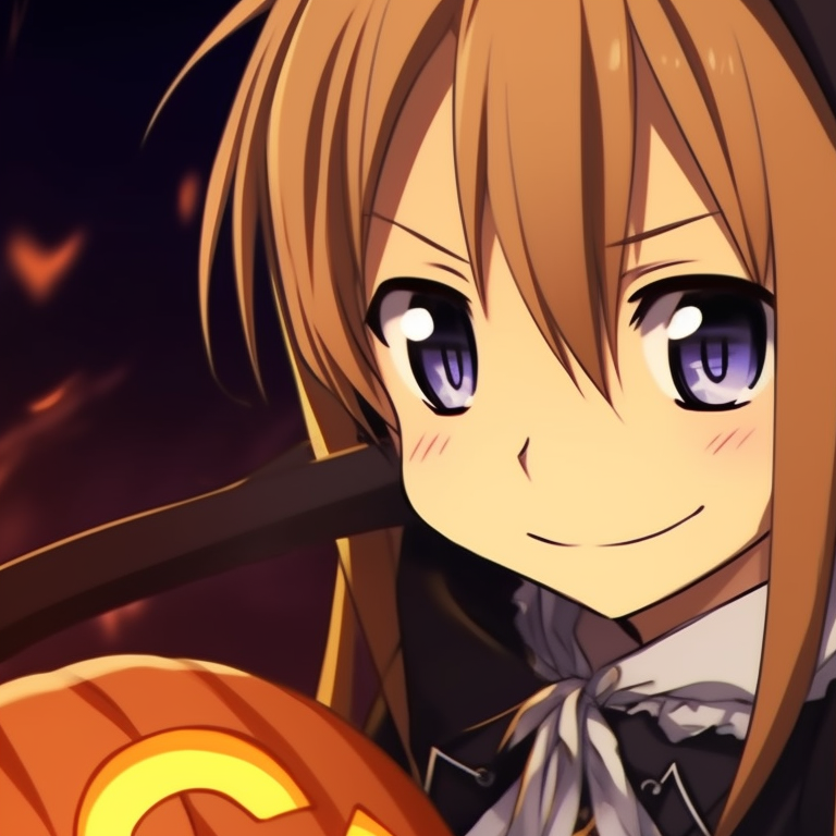 Kirito and Asuna amidst a pumpkin field, focus on orange hues and playful setting. halloween version pfp matching of kirito and asuna pfp for discord.