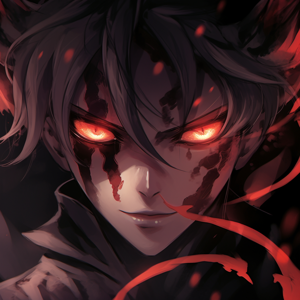 Detailed image of a demon character, with intense eyes and defined lines. prime anime demon pfp pfp for discord.