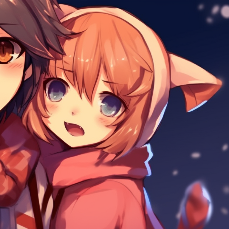 Two catboy characters in a soft embrace, muted colors and delicate line work. catboy inspired matching christmas pfp pfp for discord.