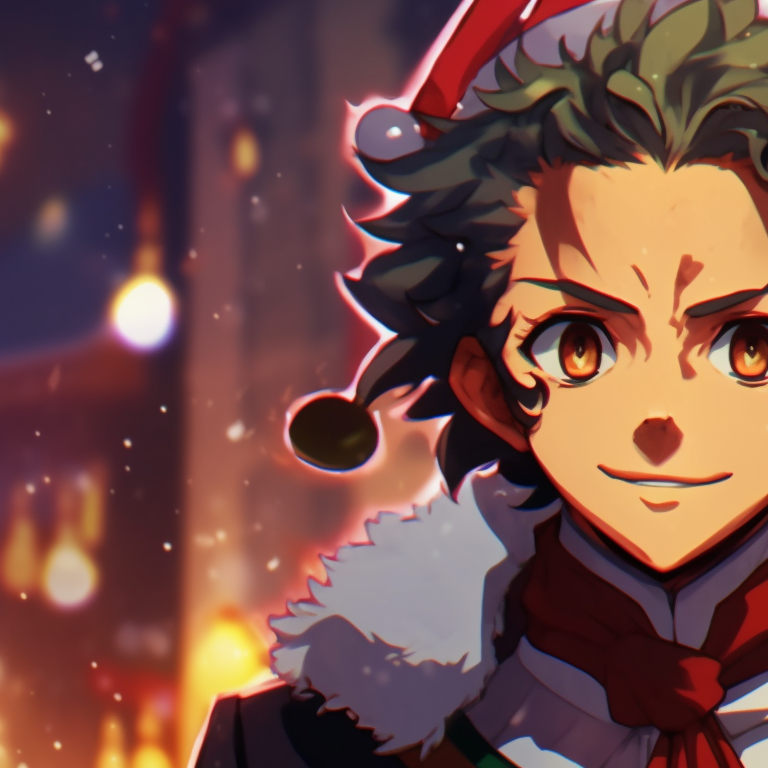 Two characters in combat poses against a Christmas themed background, highlighting dynamic lines and contrasting hues. demon slayer christmas wallpapers pfp pfp for discord.