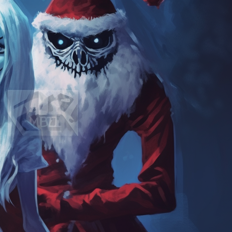 A pair of cryptids caught in a Christmas setting, characterized by a dark palette with pops of festive colors. matching scary christmas pfp supernatural creatures pfp for discord.