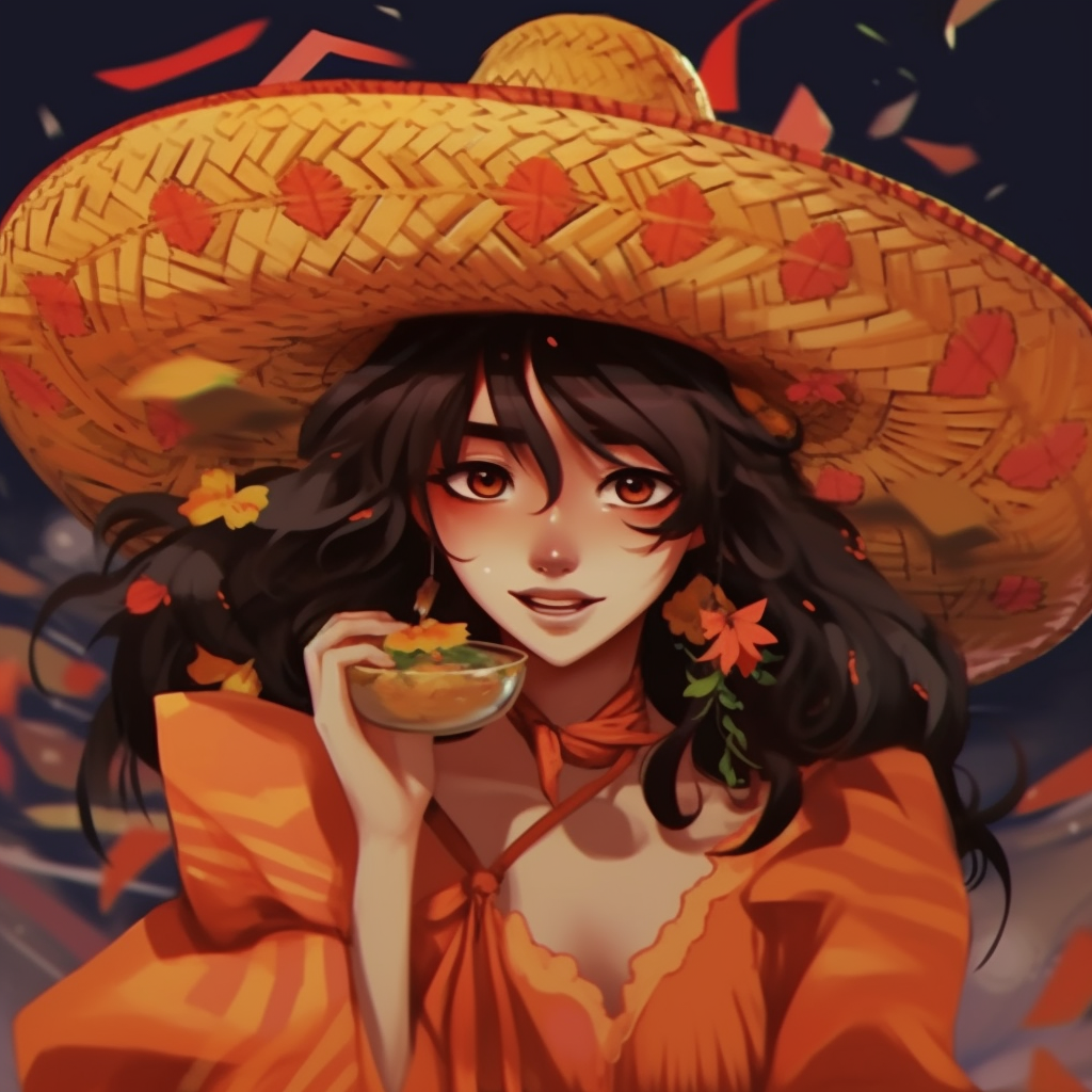 Anime girl character adorned in Mexican fiesta attire, bold colors and floral accessories. beautiful mexican pfp girls pfp for discord.