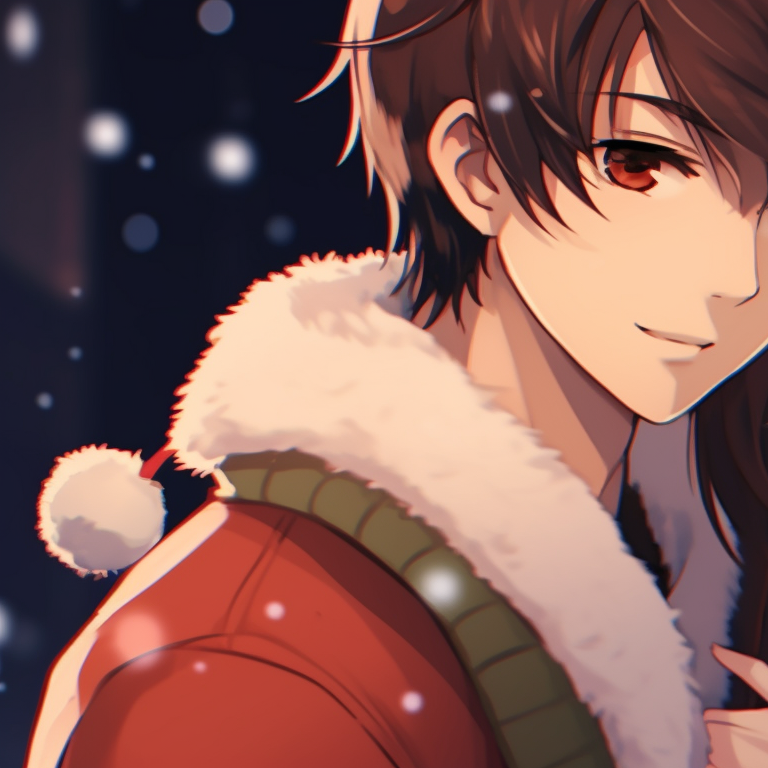 Two characters embracing under mistletoe, eye contact, detailed background consisting of a lit Christmas tree. romantic matching christmas couple pfp pfp for discord.