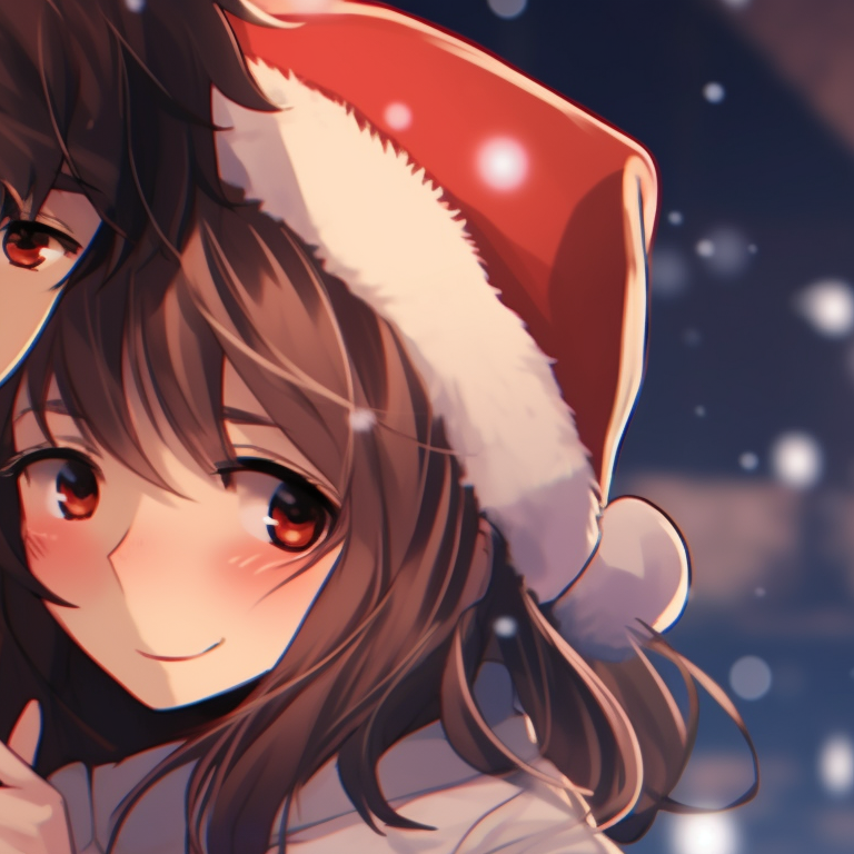 Two characters embracing under mistletoe, eye contact, detailed background consisting of a lit Christmas tree. romantic matching christmas couple pfp pfp for discord.