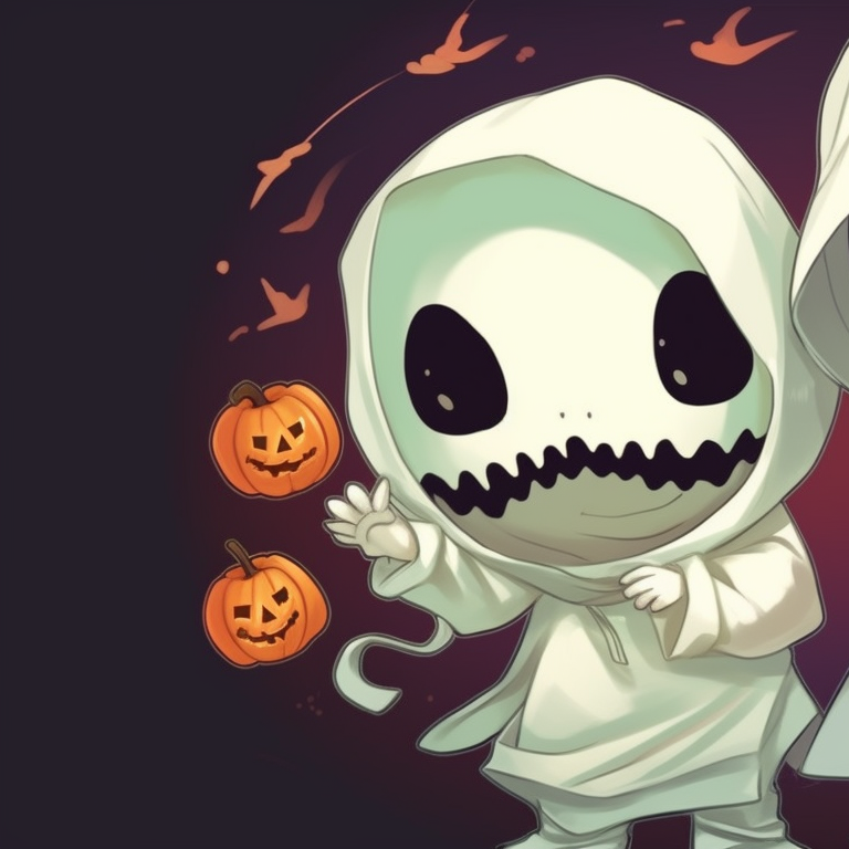 Two characters holding a pumpkin, soft lighting, and vibrant autumn shades. kawaii halloween anime matching pfp theme pfp for discord.