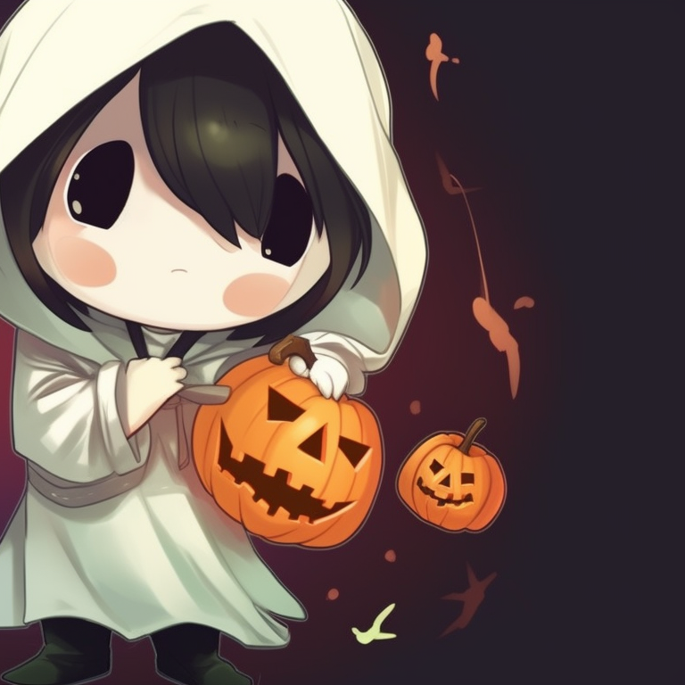 Two characters holding a pumpkin, soft lighting, and vibrant autumn shades. kawaii halloween anime matching pfp theme pfp for discord.