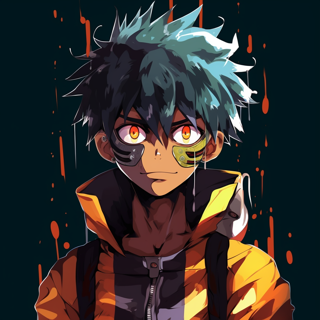Depiction of Deku in a dynamic pose leveraging the drip art fashion, focused on bold outlines & vivid shading. aesthetic drippy anime pfp pfp for discord.