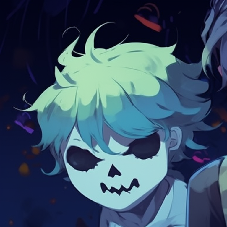 Two characters dressed as classic monsters, somewhat abstract style with bright pops of color. matching pfp not cringe halloween theme cartoon pfp for discord.