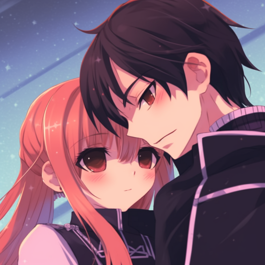 Asuna and Kirito in their usual attire, vibrant colors and detailed linework. artistic anime matching pfp couples