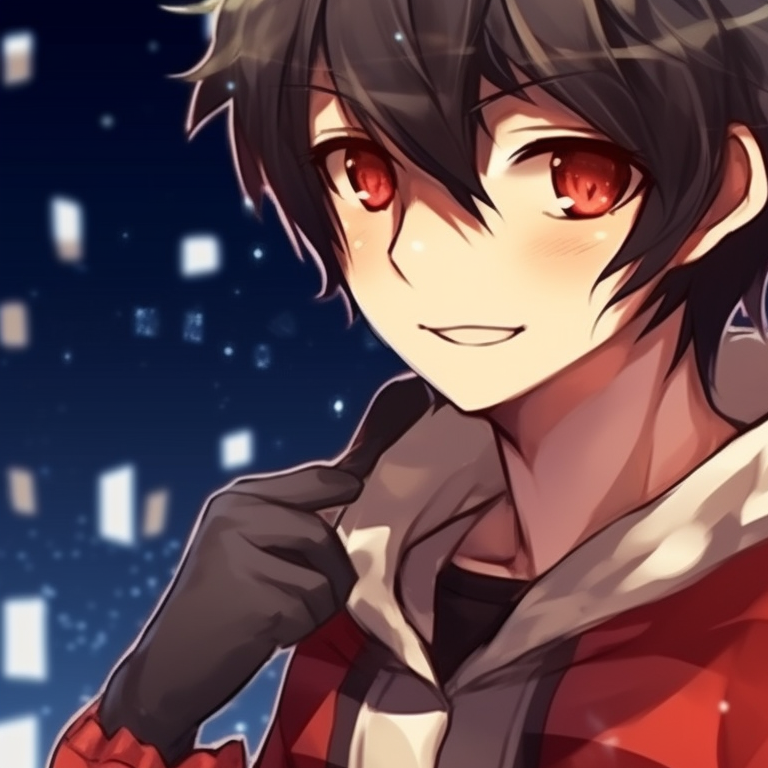 Two characters, twinkling Christmas lights in their hair, radiant colors and cheerful expressions. top matching christmas anime boy pfp pfp for discord.