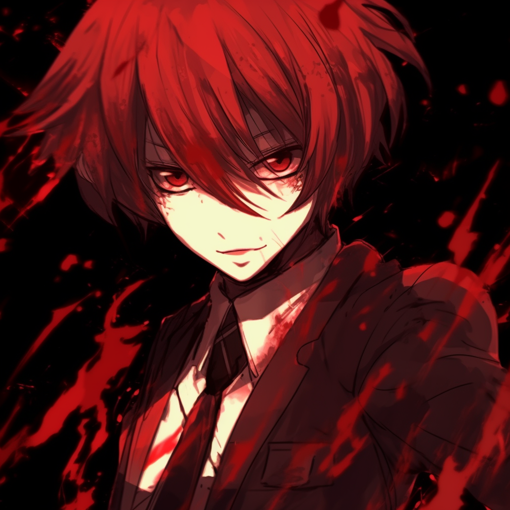 Detailed image focusing on Karma Akabane's vibrant red hair and expressive eyes. red anime pfp for boys