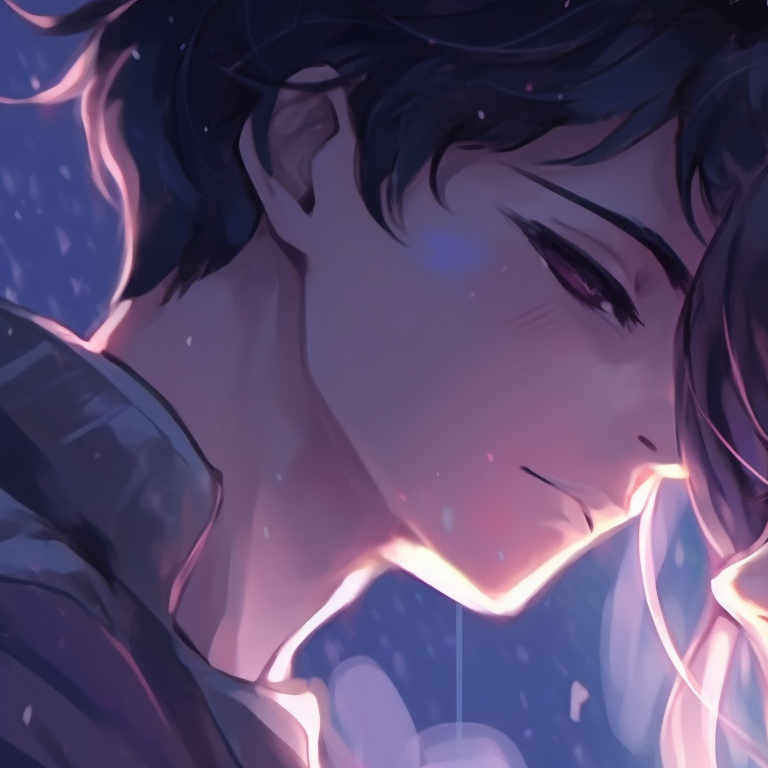 Two characters against a sunset, silhouettes contrasting the vibrant backdrop, heads gently touching. nifty couple matching pfp pfp for discord.