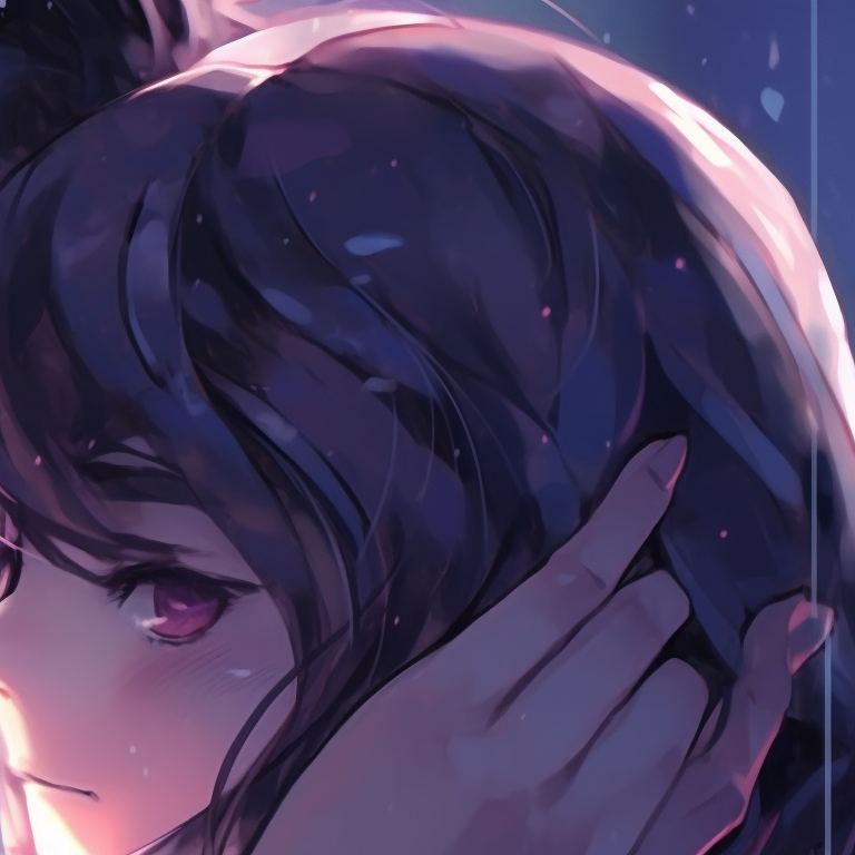 Two characters against a sunset, silhouettes contrasting the vibrant backdrop, heads gently touching. nifty couple matching pfp pfp for discord.