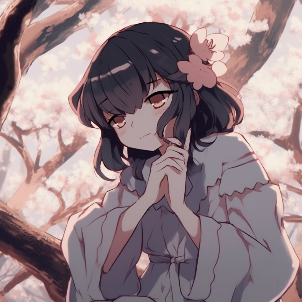 Character under the cherry blossom tree, gentle pastel hues and soft lines. gorgeous anime pfp aesthetic