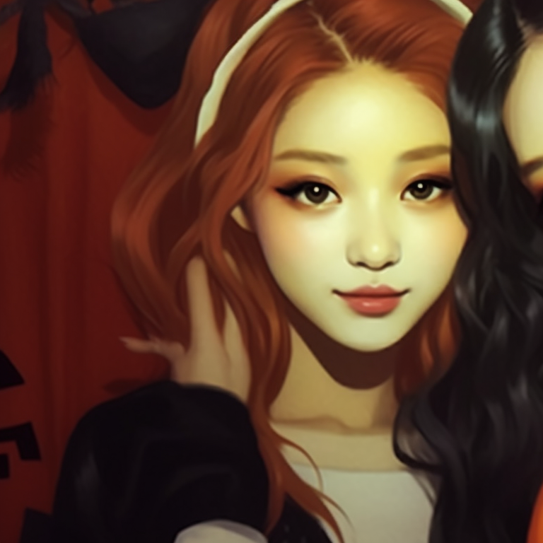 Two K-pop characters under a red moon, stark contrast of colors emphasizing their matching vampire outfits. kpop halloween theme matching pfp inspirations pfp for discord.