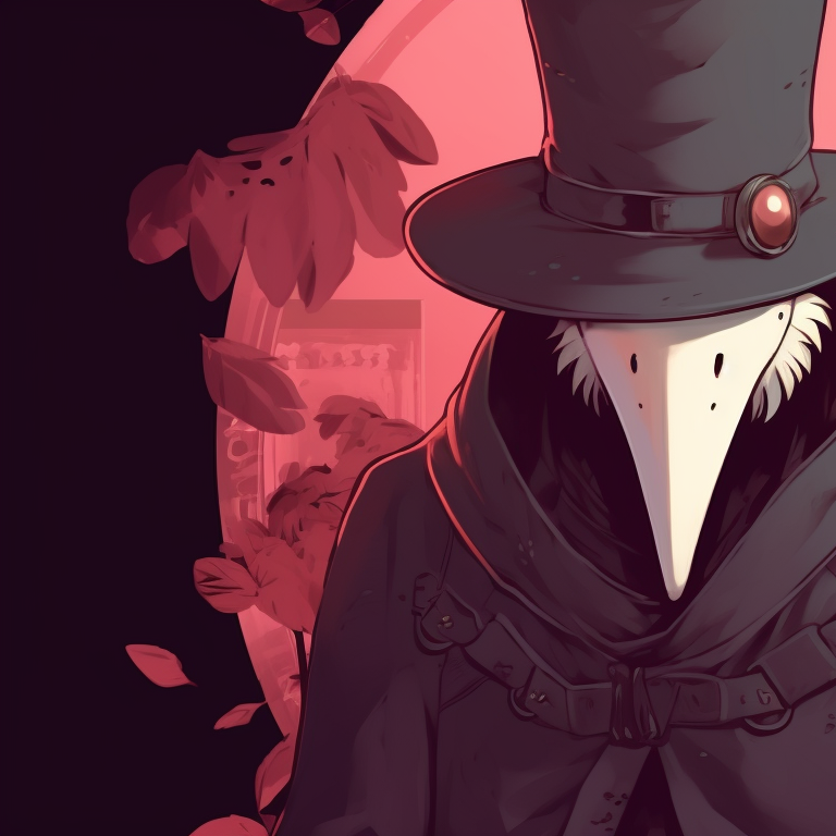 Two plague doctors in a winter landscape, cold color palette contrasted by their warm, festive scarfs. matching plague doctor pfp festive season pfp for discord.