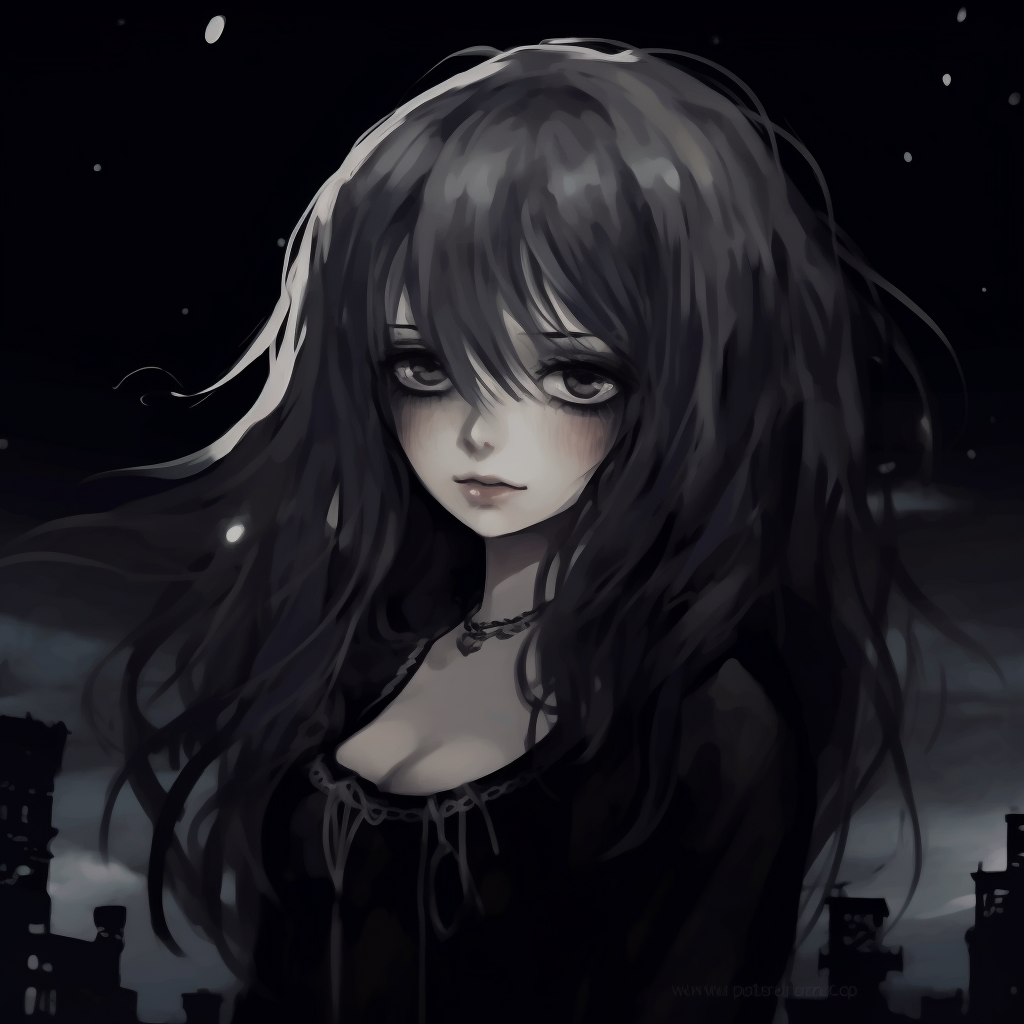 A darkly dressed Gothic female character standing in the moonlight, her hair flows, and her eyes shine with darkness. inspiring gothic anime pfp ideas