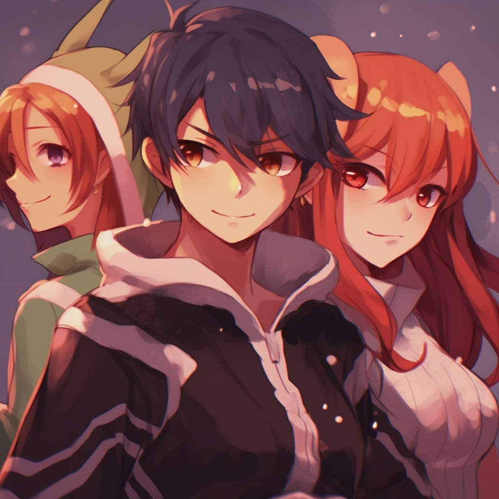 Natsu, Gray, and Erza together in a distinct art style, featuring expressive poses and bold colors. anime trio matching pfp