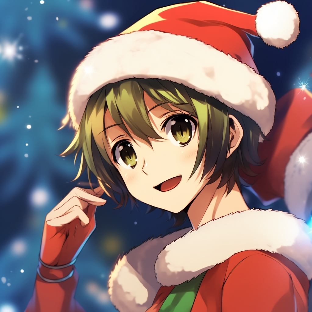 Full length portrait of an Anime boy immersed in the Christmas spirit, dynamic pose and lively colors anime boy christmas pfp