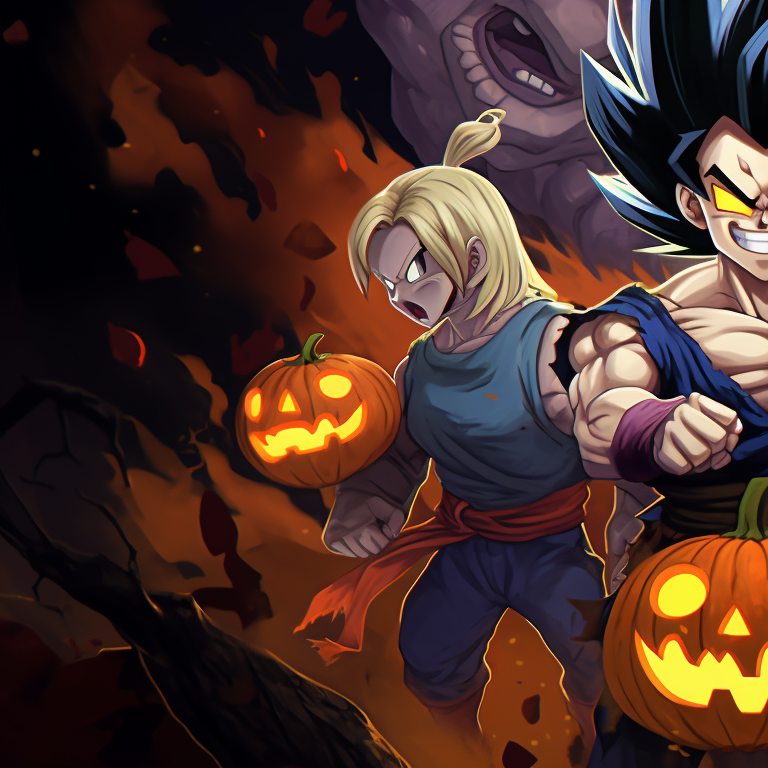 Goku and Vegeta in Saiyan armor with jack-o-lantern displays, bright and stark colors. dragon ball halloween matching pfp theme pfp for discord.