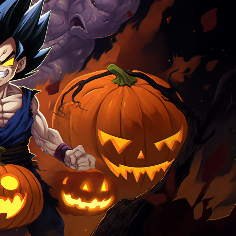 Goku and Vegeta in Saiyan armor with jack-o-lantern displays, bright and stark colors. dragon ball halloween matching pfp theme pfp for discord.