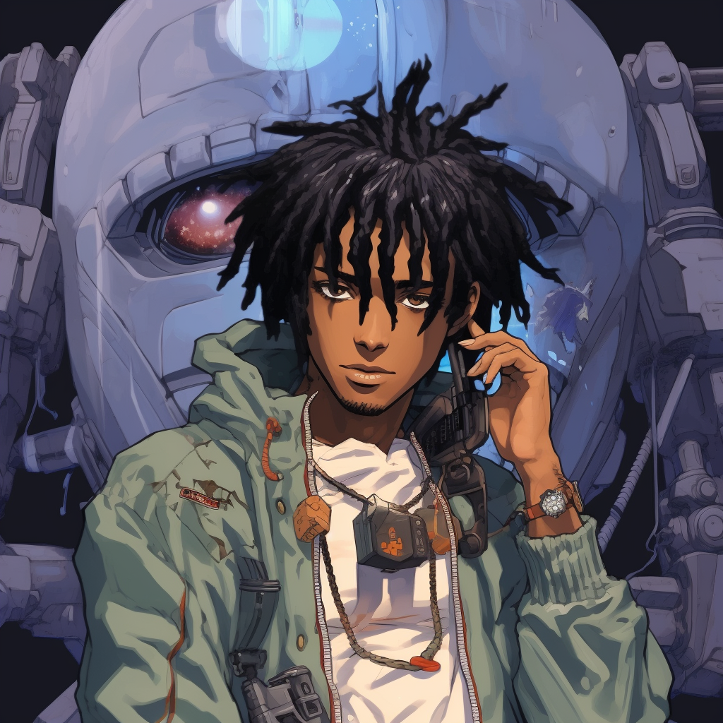 Playboi Carti depicted as a Mecha Pilot, intricate details of the mechanical suit and intense expression. otaku art: playboi carti anime pfp