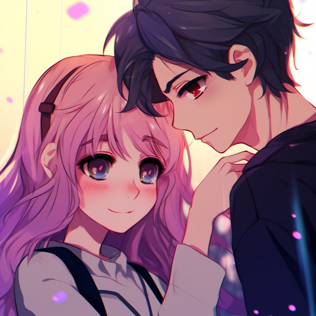 A whimsical anime couple under the moonlight, stunning luminous effects and romantic visuals. cute anime couple pfp