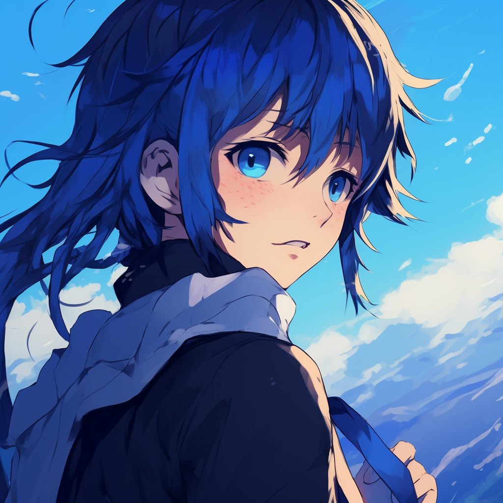 Highly detailed anime girl standing against a stunning blue scenic background. variety of blue anime pfp