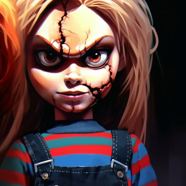 Chucky wielding his knife and Tiffany holding her nail file, dynamic poses and intense gazes channeling their malicious intent. horror film inspired pfp: chucky and tiffany pfp for discord.