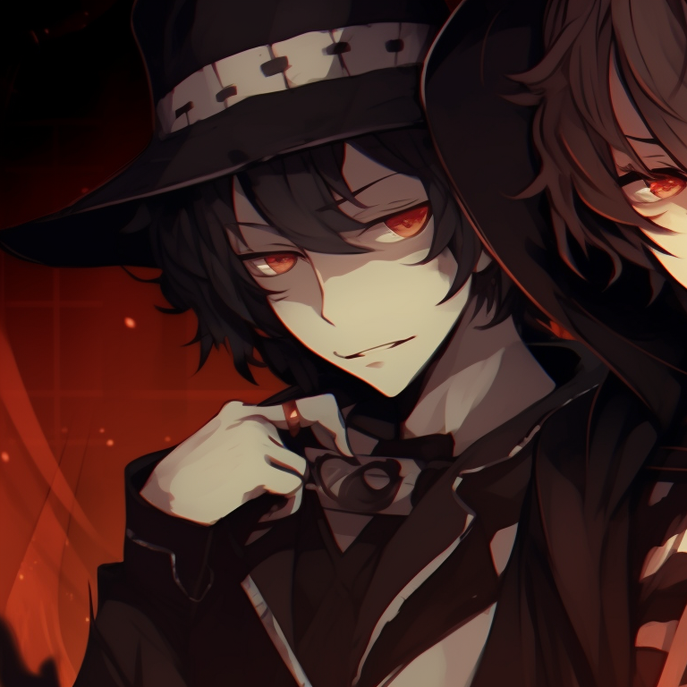 Close up of Chuuya and Dazai, high contrast, with a menacing backdrop of a moonlit forest. chuuya nakahara halloween pfp pfp for discord.