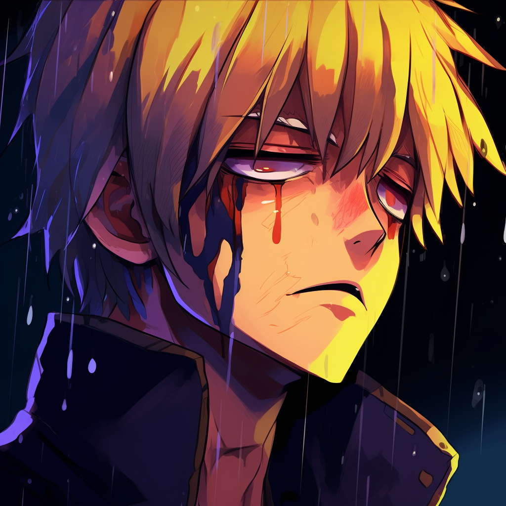 Close-up of Naruto Uzumaki's tearful eyes, high contrast and radiant colors. high-quality anime sad pfps