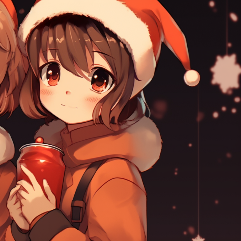 Two characters in matching Santa hats, a burst of tangerine circled around them, establishing a festive mood. unique matching orange christmas pfp pfp for discord.