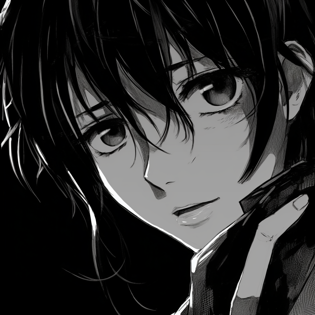 Character's gaze in black and white, fine lines capturing tranquility. creative black and white anime pfps