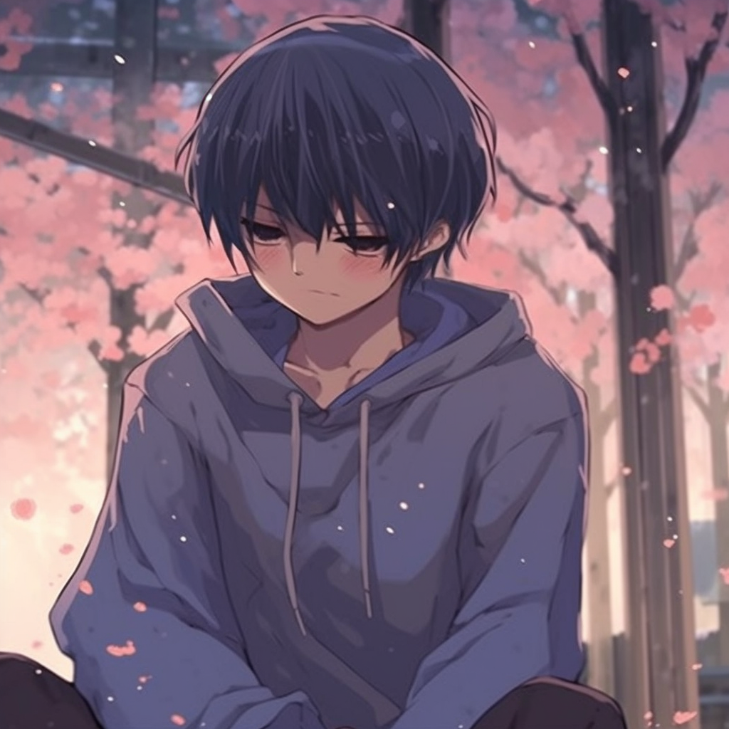 Anime character appears dejected under a sakura tree, pastels and floral patterns enrich the scenery. anime sad aesthetic pfp