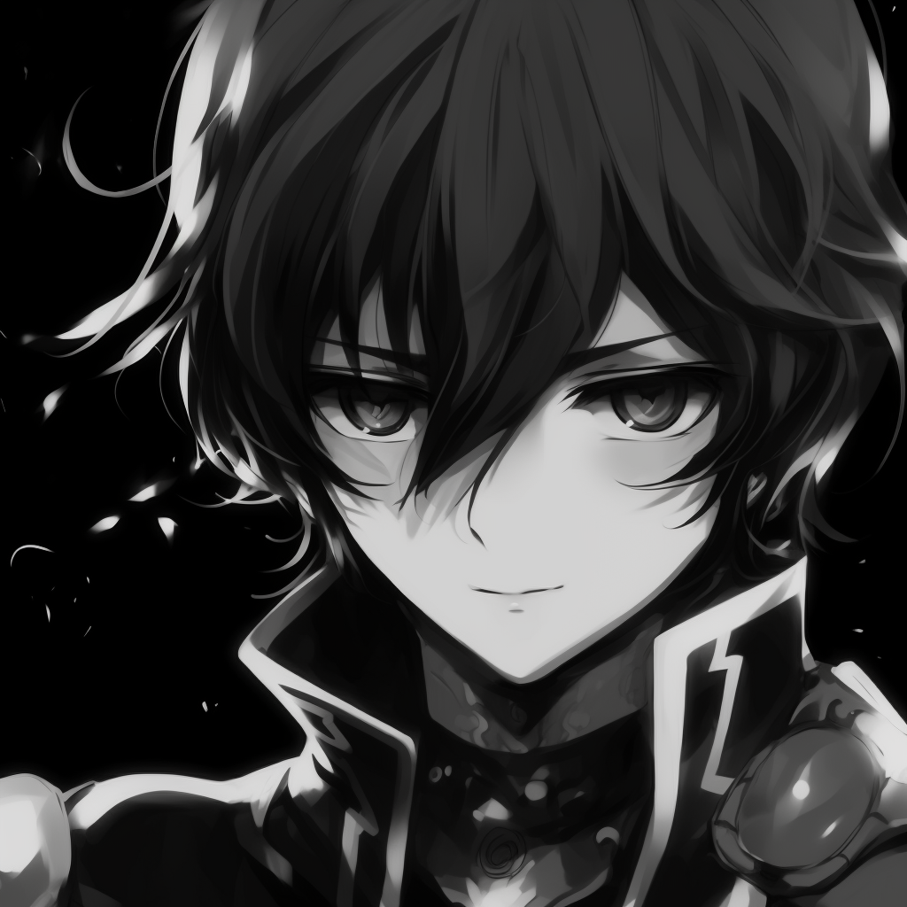 Detailed look at Lelouch's Zero mask, showing off the intricate pattern and bold contrast. modern anime black and white pfp