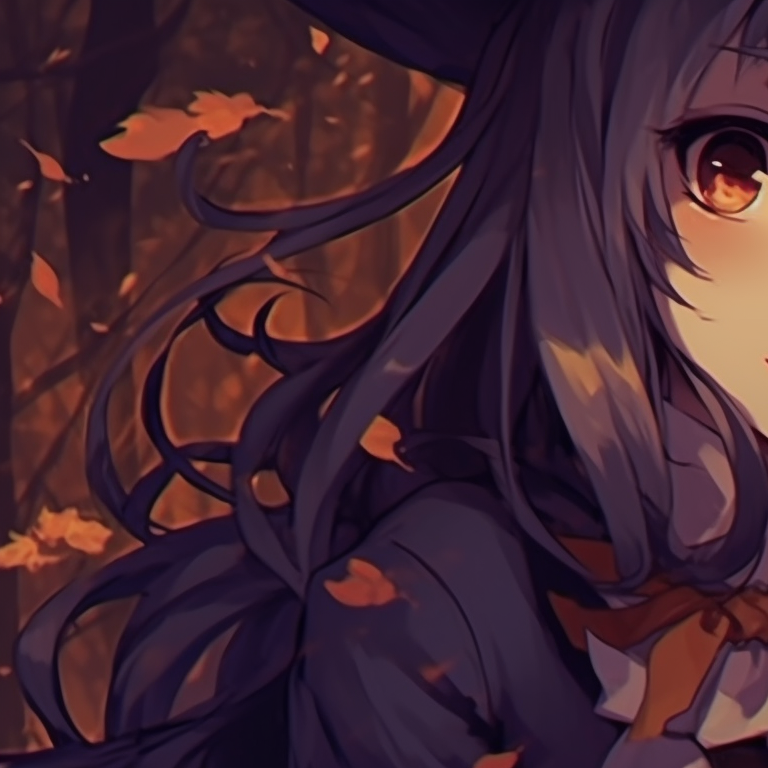 Two characters, one a ghost and the other a scarecrow, surrounded by falling autumn leaves, vibrant colors highlighting a magical atmosphere. thanksgiving matching pfp with halloween theme for her pfp for discord.