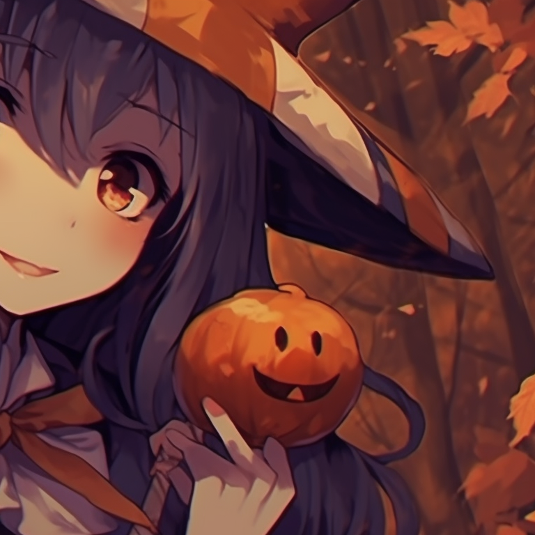 Two characters, one a ghost and the other a scarecrow, surrounded by falling autumn leaves, vibrant colors highlighting a magical atmosphere. thanksgiving matching pfp with halloween theme for her pfp for discord.