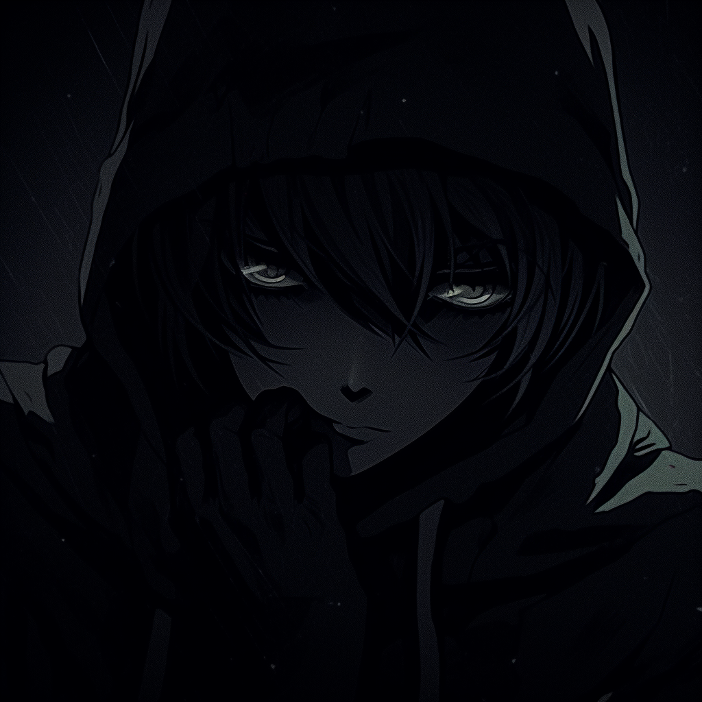 Anime character garbed in a dark cloak and grasping a sword, displaying heavy usage of dark colors for mystery. anime pfp in darkness theme pfp for discord.