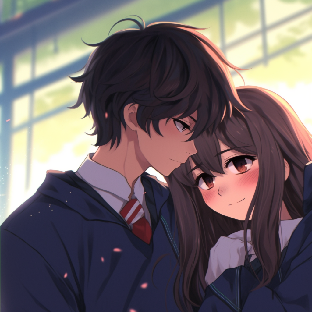 A high school anime couple in a romantic pose, with distinctive school uniforms and traditional anime style. adorable anime pfp couple ideas pfp for discord.