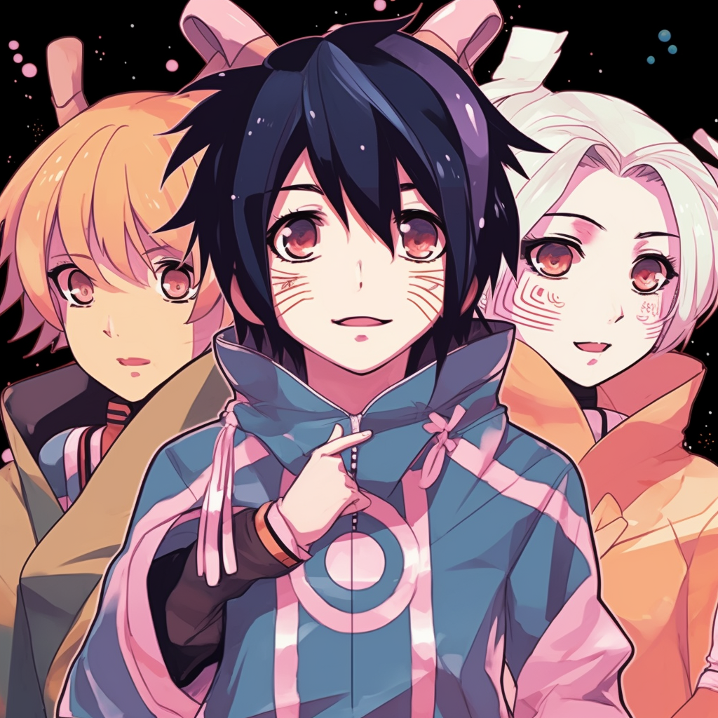 Dynamic action shot of Naruto's Team 7, emphasizing movement with strong lines and depth. anime 3 matching pfp popular choices