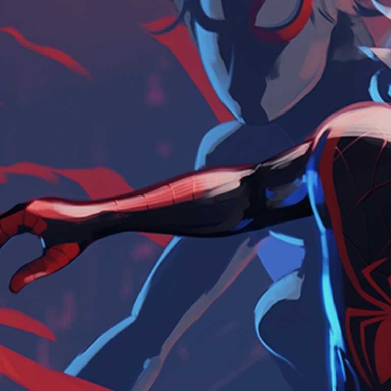 Gwen and Miles caught in a mid-action pose, with sharp lines and high energy. miles and gwen pfp alignment in spiderverse pfp for discord.