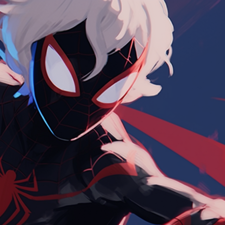 Gwen and Miles caught in a mid-action pose, with sharp lines and high energy. miles and gwen pfp alignment in spiderverse pfp for discord.