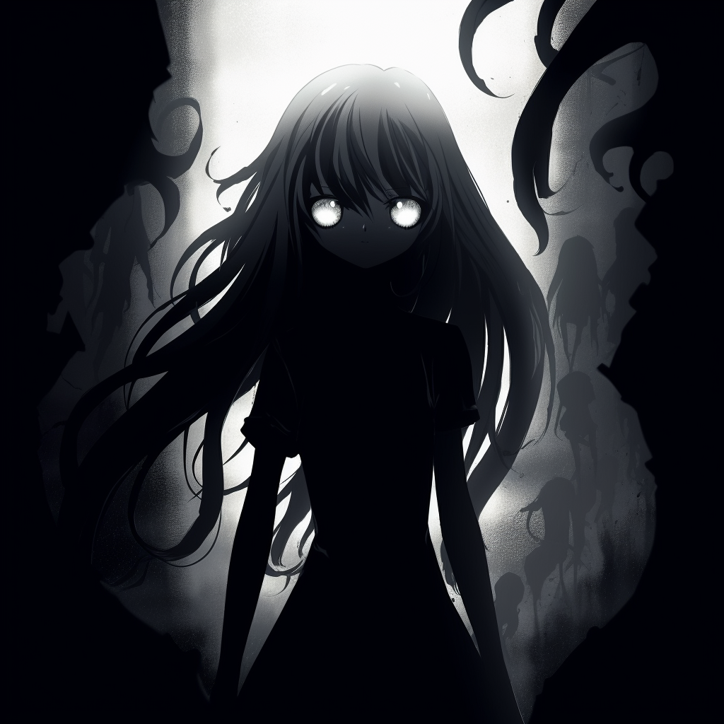 Detailed view of the Phantasmal girl invoking fear, emphasis on dread-laden linework. phantasmal girl scary anime pfp pfp for discord.