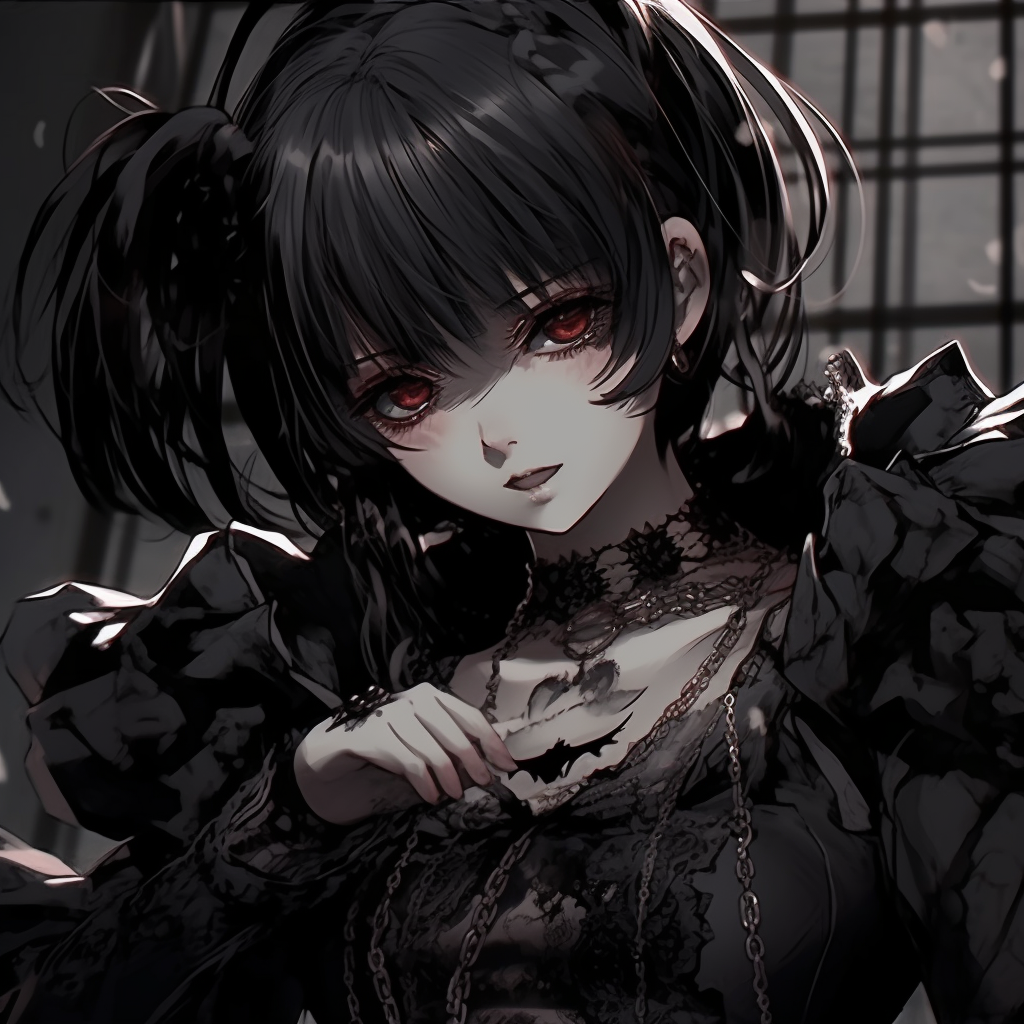 A gothic anime girl donning a highly detailed, elaborate dress with stunning gothic elements. majestic gothic anime girl pfp