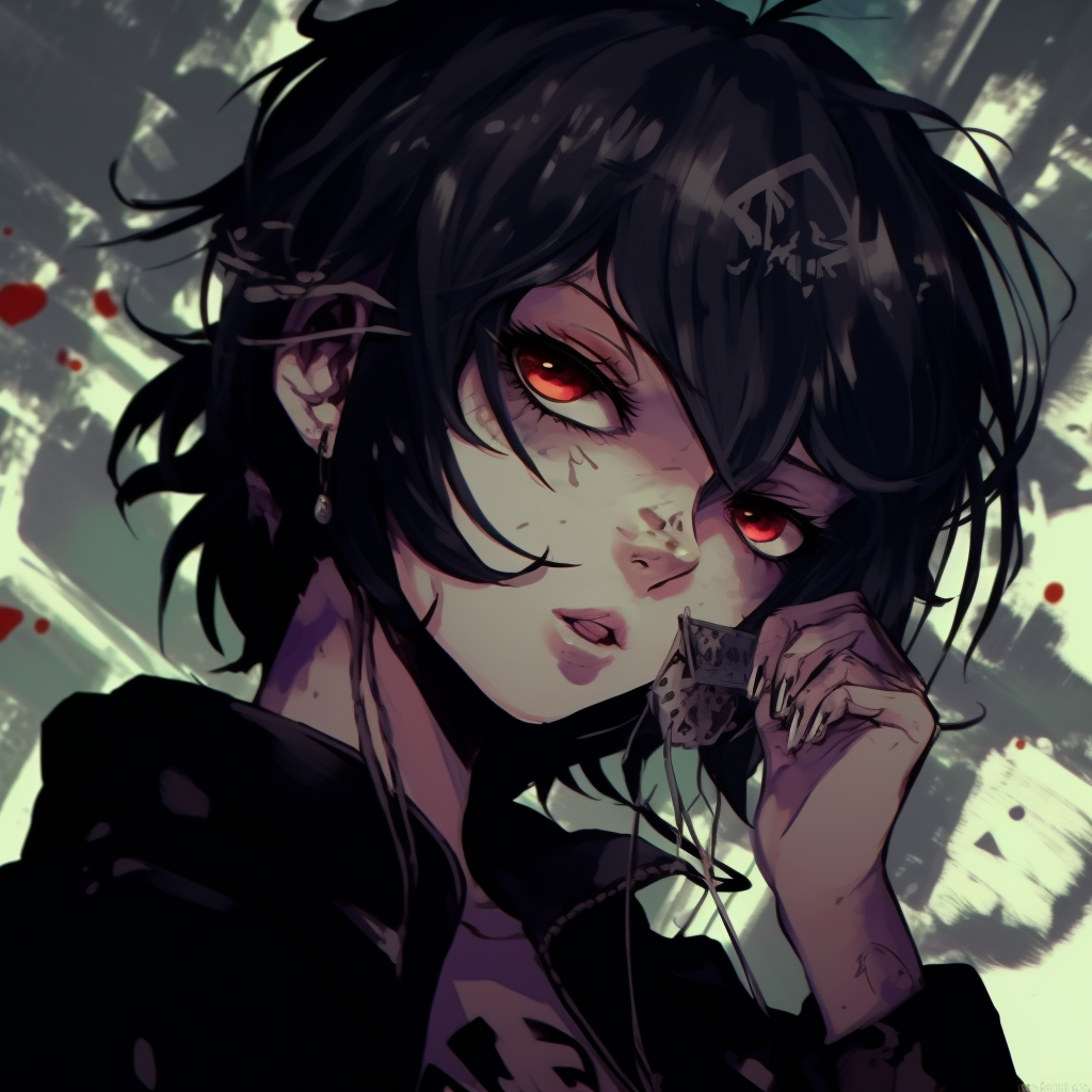 A mysterious anime character with dark hair and multiple piercings, intricate linework and detailed shading selection of emo anime pfp