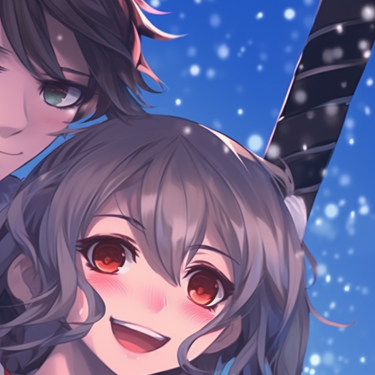 Two characters, each holding a Christmas ornament, soft colors and gentle expressions. best matching christmas discord pfp versions pfp for discord.