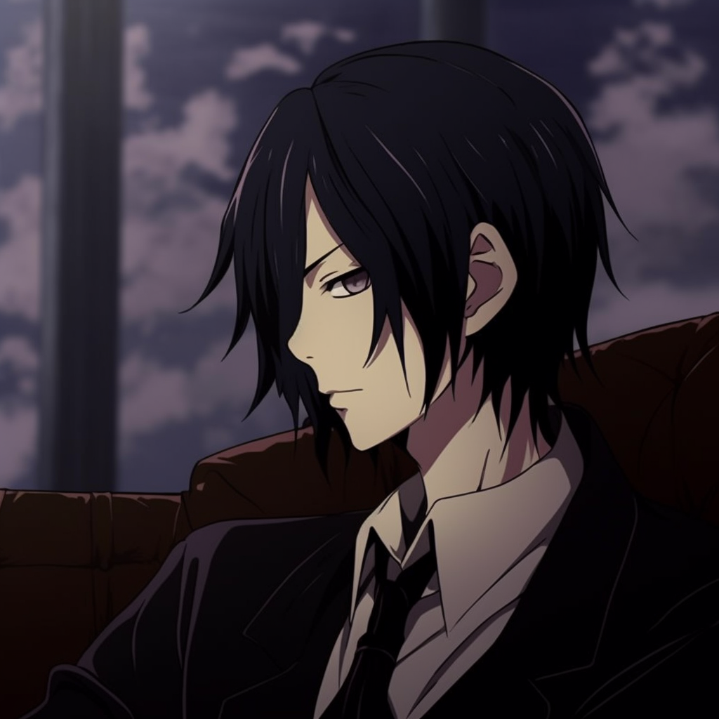 Sebastian in his signature Black Butler pose, powerful composition and muted color palette. classy chill anime pfp