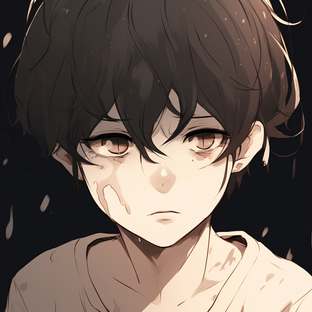 Sorrowful maiden in a whimsical style, pastel colors with a focus on her large, tear-filled eyes. adorable sad anime pfpHD, free download